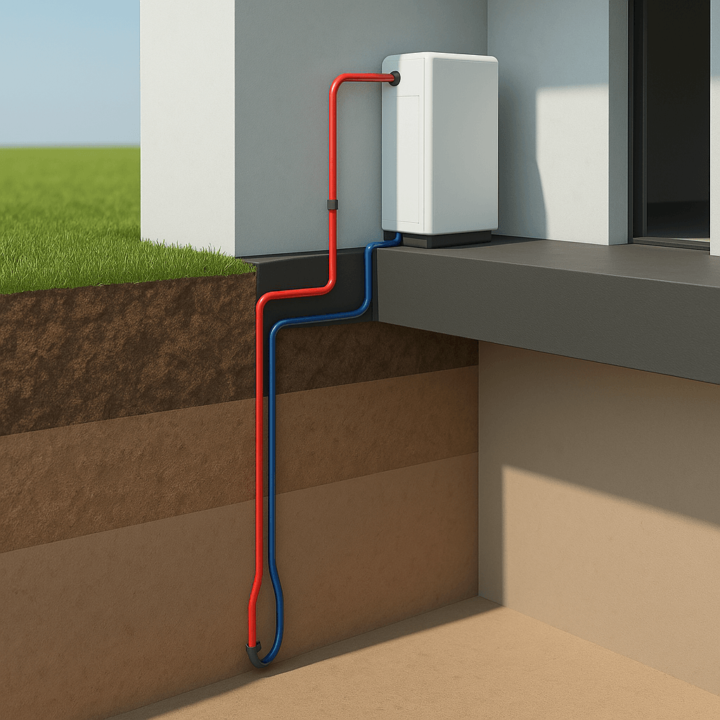 The image depicts an installation of a heat pump system, prominently featuring a white unit mounted against a clean, modern exterior wall. The unit is located on a concrete slab that juts out from the residential building, integrating functionality with contemporary design. Two prominently colored pipes, a red one and a blue one, are visible, connecting the heat pump to the ground below. The pipes, likely made from durable materials such as thermoplastic or PVC, are arranged in a configuration that indicates a thoughtful approach to space management, running smoothly along the building’s outer side and into the earth.The surrounding environment is well-kept, with a green lawn in the background, indicating an outdoor setting. The ground is divided into three visible layers: the top layer of grass, then a dark brown layer of soil, and lastly a light beige layer that could represent deeper earth or a foundation. This detail underscores aspects of landscaping and ground preparation typical in heat pump installations, which often require excavation for pipe placement.No people are present in this image, which allows for a clear focus on the craftsmanship of the heat pump installation itself. The absence of tools suggests that the installation was likely completed prior, yet tools such as wrenches or pipe cutters may have been used in the process, emphasizing the technical skill associated with plumbing and HVAC work. The overall aesthetic is clean and modern, illustrating the artistry involved in integrating essential utility systems seamlessly into residential architecture.