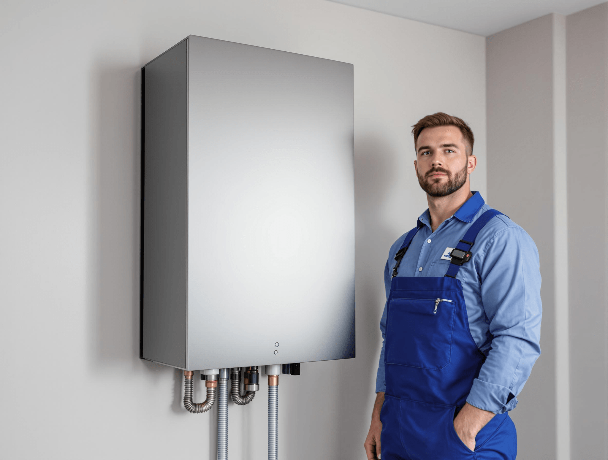The image depicts a qualified technician standing next to a modern wall-mounted heat pump in a well-lit, indoor environment. The heat pump's sleek, metallic design features a smooth, reflective surface with visible connections at its base. These connections include several pipes with copper fittings, indicating a professional installation, which typically involves expertise in plumbing and HVAC systems. The technician, wearing a blue shirt and matching overalls, presents a professional appearance, indicative of a craftsman in the HVAC field. His demeanor suggests confidence and competence as he stands with one hand in his pocket, the other relaxed at his side. The environment is minimalistic, with clean lines and neutral wall colors, emphasizing the installed unit's modernity. Overall, the scene combines elements of technology and skilled craftsmanship in a domestic setting.