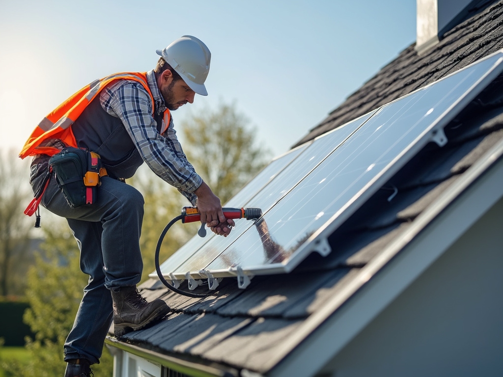 Create a high-resolution, photorealistic image of a German homeowner performing maintenance on a rooftop photovoltaic (solar) panel system. The scene is set on a modern suburban house with sleek architectural features, showcasing multiple clean and well-aligned solar panels under a bright, sunny sky. The homeowner is depicted using specialized cleaning tools and inspecting the panel connections, highlighting attention to efficiency and care. Surrounding the house, include a well-kept garden and clear skies to emphasize a sense of environmental responsibility and technological proficiency. Use detailed textures, consistent natural lighting, and crisp imagery to ensure a high-quality and realistic depiction. Avoid blurry details, visual artifacts, extra or distorted elements, and inconsistent perspectives to maintain visual clarity and precision.