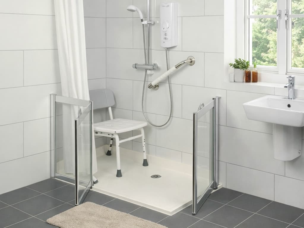 Accessible walk-in shower with foldable seat and grab bars, next to a bathroom window and wall-mounted sink in a bright tiled bathroom.