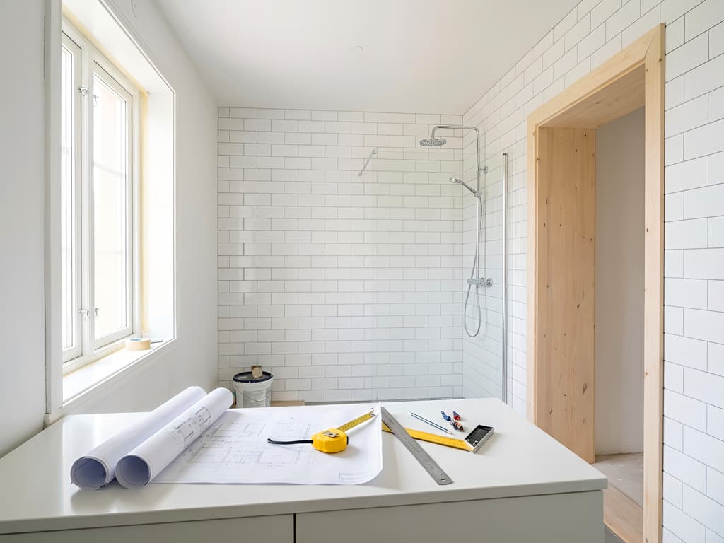 Bright modern bathroom renovation in progress with blueprints and measuring tools on the vanity countertop and an unfinished walk-in shower in the background.