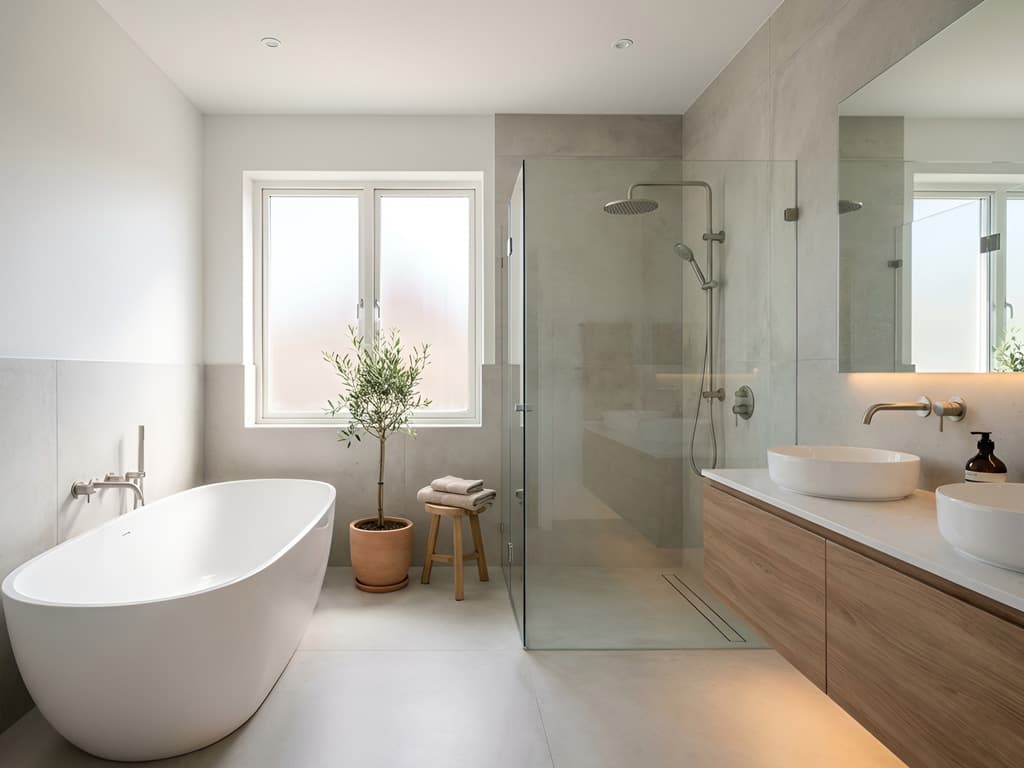Modern bright bathroom with a freestanding bathtub, walk-in glass shower, double vanity, and a large window with a small potted plant.