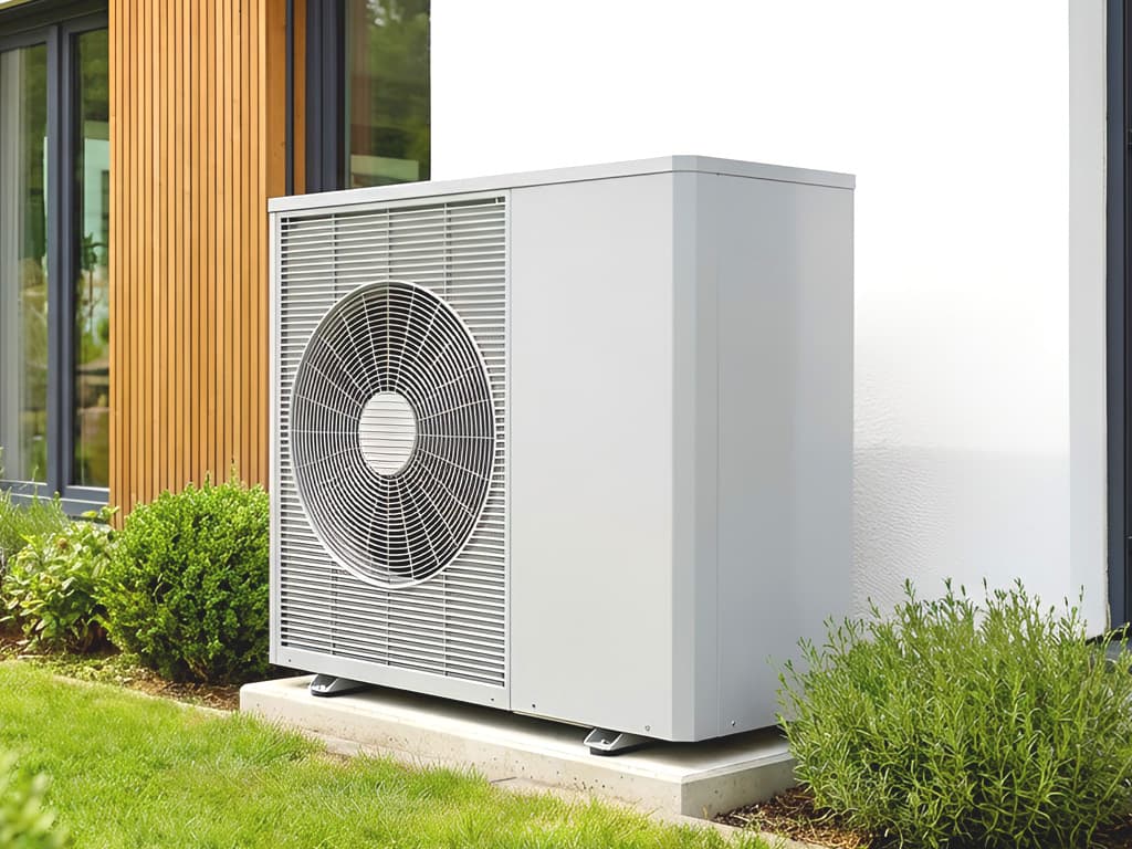 Outdoor air-to-water heat pump unit installed in a European garden with a modern house in the background.