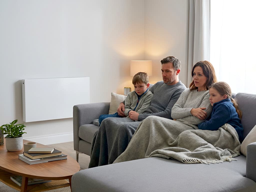 A family sits on a couch under warm blankets in a cold living room with a heating system turned off.