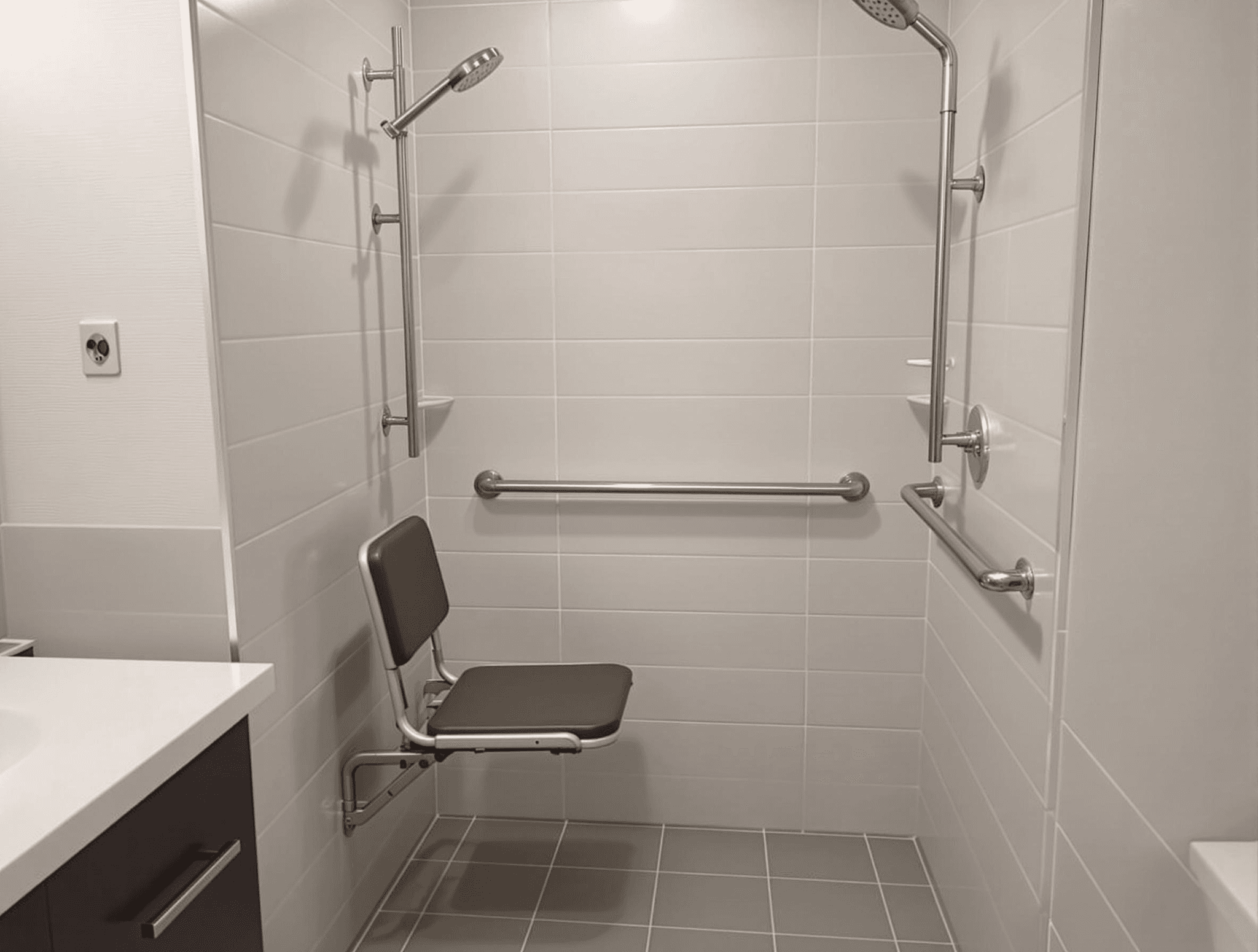 The image depicts a modern, accessible shower space designed with functionality and safety in mind. The focus is on an elegantly minimalistic craft. The walls are tiled with sleek, white porcelain tiles, providing a clean look and easy maintenance. The floor features matching gray tiles that enhance the contemporary aesthetic and ensure a slip-resistant surface. In the shower area, there is a wall-mounted adjustable showerhead, made from polished metal, which showcases the craftsmanship of plumbing fixtures. Adjacent to this is a stainless steel grab bar, strategically placed for support and stability. A notable feature is a foldable shower bench, made of anodized aluminum for durability and corrosion resistance, coupled with a cushioned seat, enhancing user comfort. It is mounted securely onto the wall, demonstrating careful installation techniques. The design incorporates additional grab bars along the wall, emphasizing safety and accessibility for users with mobility challenges. The overall lighting is bright and even, contributing to a welcoming environment in an indoor setting that is both practical and visually appealing. The integration of these elements highlights the careful consideration of user needs in modern craftsmanship.