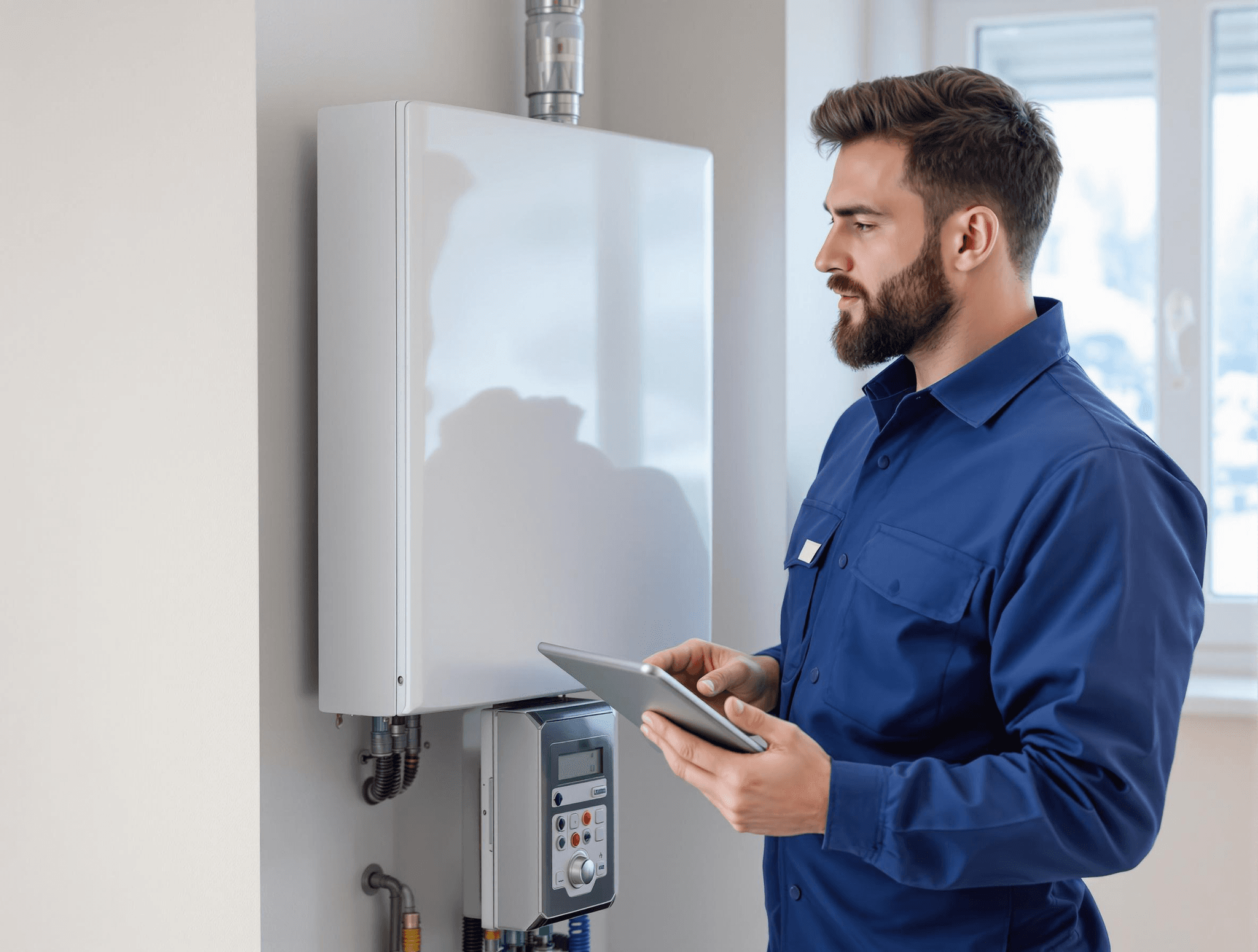 The image depicts a male technician engaging with a white heat pump unit mounted on a wall in an indoor environment. He is dressed in a blue work shirt, characterized by a comfortable, professional look, indicating his role in HVAC installation or maintenance. The technician holds a tablet in one hand, likely used for diagnostics or monitoring of the heat pump's performance. The heat pump, installed at a height on the wall, demonstrates modern craftsmanship, with sleek lines and a glossy finish. Below the unit, a control panel with buttons and a digital display is visible, highlighting the technical aspects of heating systems. The surrounding space features a light-colored wall, enhancing the clean aesthetic of the area. Natural light streams in from a nearby window, illuminating the scene and creating a bright atmosphere.In terms of tools, none are explicitly visible, suggesting the technician is currently assessing the system rather than performing physical installation work. The environment appears residential, carefully designed for both efficiency and comfort. Overall, the image conveys a snapshot of skilled craftsmanship in HVAC technology, combining advanced tools and professional expertise within a well-lit, functional setting.