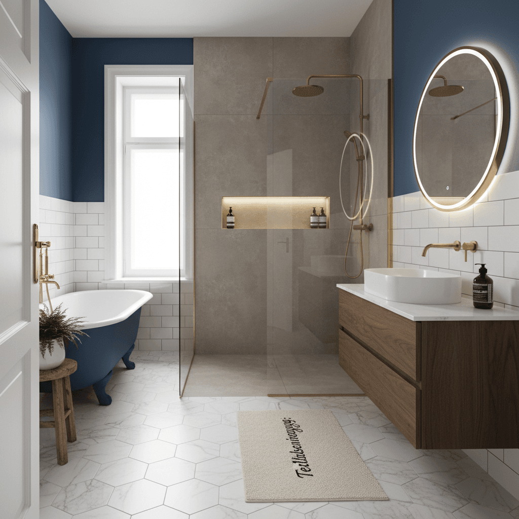 Generate a photorealistic image of a stylishly renovated bathroom after a partial renovation, showcasing elegant fixtures and a beautifully designed shower area to represent the desired outcome of the 'Teilbadsanierung'.