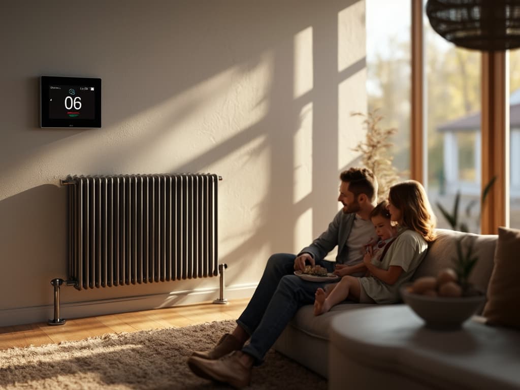 You create images for websites of craftsmen. You create images based on the analysis of content, expertise in craftsmanship, customer service, and marketing. Create an image that matches the following user prompt: Create a photorealistic image that depicts a modern, efficient heating system installed in a cozy living room. The image should feature a sleek, state-of-the-art radiator with a digital thermostat on the wall displaying an optimal temperature. Sunlight should stream through a large window, highlighting the warmth and comfort of the room. Include elements like a soft sofa and a family enjoying time together, emphasizing the reliability and effectiveness of their new heating system under a maintenance contract. The ambiance should feel inviting and warm, showcasing the benefits of a well-maintained heating solution.