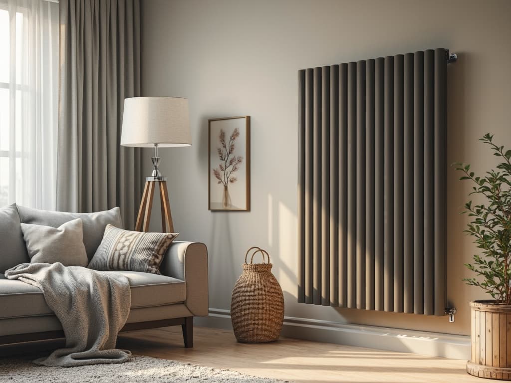 You create images for websites of craftsmen. You create images based on the analysis of content, expertise in craftsmanship, customer service, and marketing. Create an image that matches the following user prompt: Generate a photorealistic image of a modern living room featuring a newly installed, sleek and stylish radiator as the focal point. The radiator should be in a contemporary design, reflecting efficient heating technology. Surrounding the radiator, depict a warm and inviting atmosphere with soft, ambient lighting. Include cozy furnishings, such as a plush sofa and decorative pillows, along with a well-decorated wall. The room should convey comfort and modernity, showcasing a perfect blend of functionality and aesthetic appeal after the radiator repair service, creating a sense of warmth and satisfaction in the space.