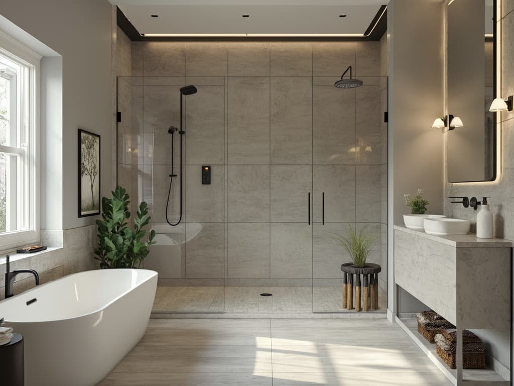 You create images for websites of craftsmen. You create images based on the analysis of content, expertise in craftsmanship, customer service, and marketing. Create an image that matches the following user prompt: Generate a photorealistic image of a completed vertical bathroom renovation. The image should showcase a modern and elegant bathroom design with high-quality fixtures and finishes. Include sleek wall tiles in neutral tones, a spacious walk-in shower with a glass enclosure, a stylish freestanding bathtub, and a contemporary vanity with a well-lit mirror. Accentuate the space with natural light coming through a window and tasteful decor elements such as plants and luxurious towels. The overall atmosphere should be one of tranquility and sophistication, reflecting the desired outcome of a complete bathroom transformation.