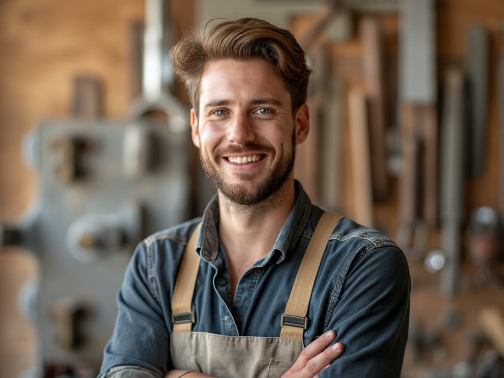 The image will be at the head of a website. A craftsman smiles into the camera. The topic of the image is 'Wartungsvertrag'. Do not use this topic if it is unrelated to a service a craftsman offers.