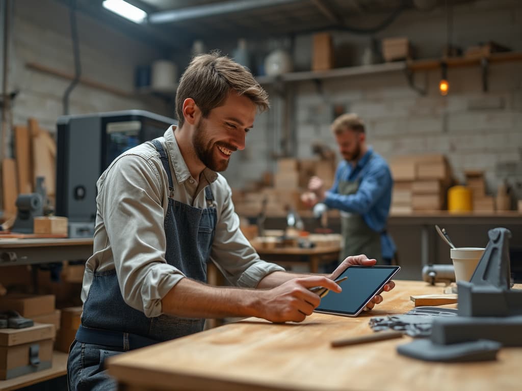 The image depicts a woodworking shop environment, characterized by a warm, inviting atmosphere. In the foreground, a young man with a beard, wearing a light-colored shirt and dark blue apron, is seated at a wooden workbench. His attention is focused on a tablet in his hands, suggesting he might be recording information or working on design plans related to his craft. The workbench is cluttered with various tools, including a pair of clamps, a small hand saw, and other unidentifiable crafting tools, which indicate ongoing projects.In the background, another man, dressed in a blue shirt and also engaged in woodworking, appears to be working with materials, possibly assembling or shaping wood pieces. The setting features numerous stacked wooden boxes and other materials resting on shelves along the walls, highlighting an organized yet creative workspace. The walls are made of exposed brick, and overhead, industrial lighting provides bright illumination, enhancing the visibility and functionality of the space. This workshop clearly illustrates a blend of traditional woodworking craftsmanship with modern technology, as indicated by the presence of the tablet, while also emphasizing a collaborative environment.