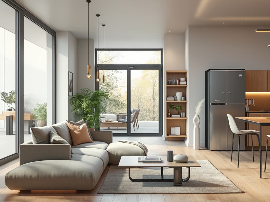 The image depicts a modern living space that beautifully showcases elements of craftsmanship in interior design. The room features large, floor-to-ceiling windows that allow ample natural light to flood the area, creating an inviting atmosphere. In the foreground, a contemporary sectional sofa upholstered in a soft, neutral fabric sits comfortably on a light wooden floor. Its design emphasizes clean lines and rounded edges, highlighting the craftsmanship involved in furniture making. The sofa is adorned with various cushions, adding texture and comfort.A sleek coffee table made of wood and metal is positioned in front of the sofa, emphasizing a minimalist aesthetic. The table’s craftsmanship is evident in its smooth surface and sturdy construction. A textured area rug lies beneath the table, adding warmth to the space.To the left, a standing plant adds a touch of greenery, while a wooden side table displays decorative items, showcasing the blend of functionality and style. The shelves in the background are filled with simple, modern objects, indicating careful selection in interior decoration.Adjacent to the living area, the kitchen is visible, featuring modern appliances including a stainless steel refrigerator and minimalist cabinetry, signifying high-quality craftsmanship in kitchen design. A dining table with sleek chairs is set against the backdrop of another window, creating a seamless transition between indoor and outdoor spaces.The overall environment, characterized by a neutral color palette and harmonious design elements, reflects a balance between modern craftsmanship and functional living, with attention to detail apparent in every piece of furniture and decorative element.